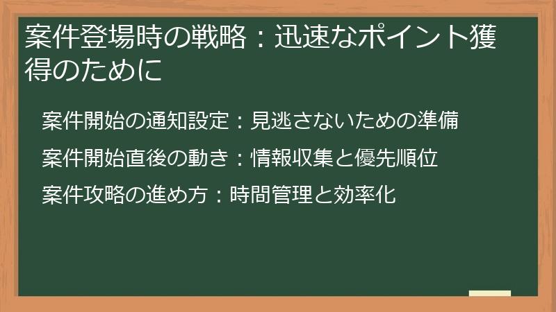 案件登場時の戦略：迅速なポイント獲得のために