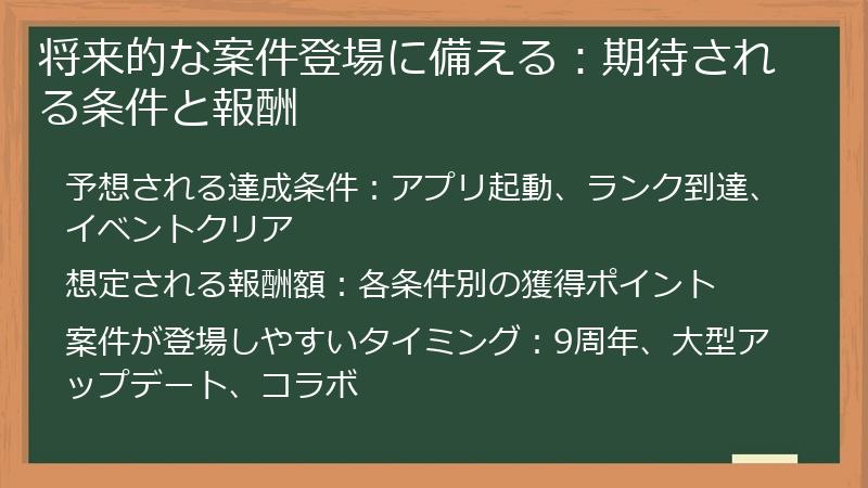 将来的な案件登場に備える：期待される条件と報酬