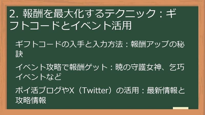 2. 報酬を最大化するテクニック：ギフトコードとイベント活用