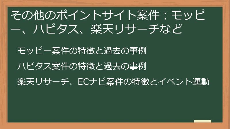 その他のポイントサイト案件：モッピー、ハピタス、楽天リサーチなど
