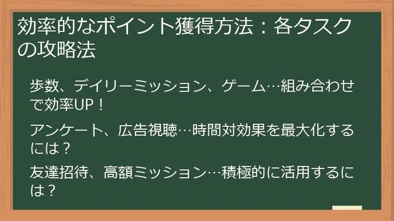 効率的なポイント獲得方法：各タスクの攻略法