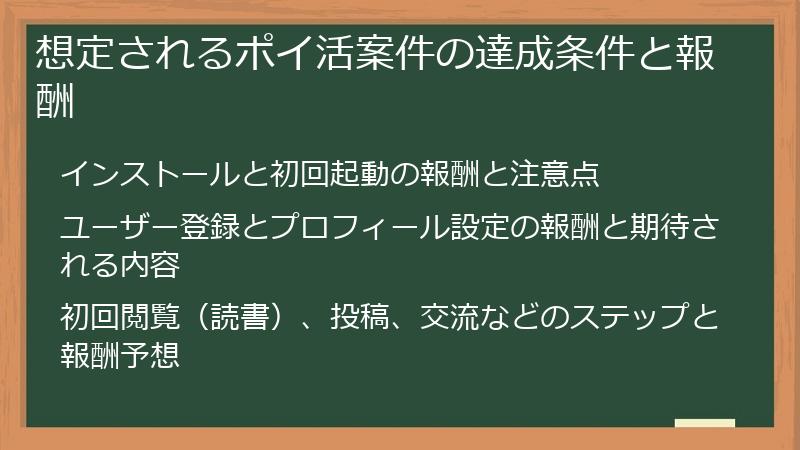 想定されるポイ活案件の達成条件と報酬
