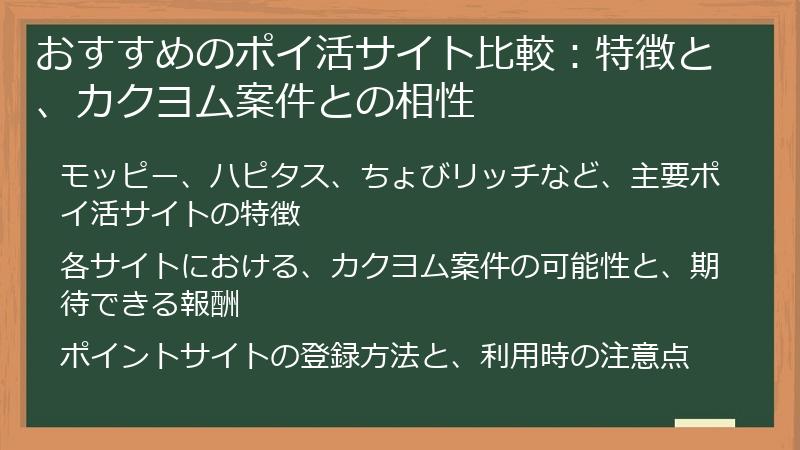おすすめのポイ活サイト比較：特徴と、カクヨム案件との相性
