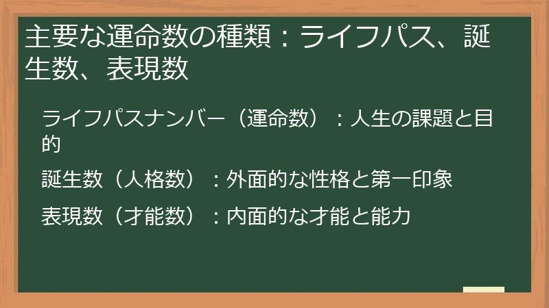 主要な運命数の種類:ライフパス、誕生数、表現数
