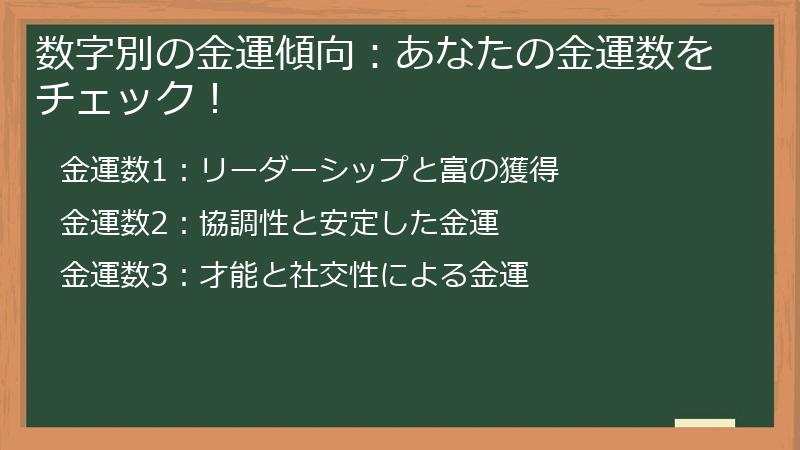 数字別の金運傾向：あなたの金運数をチェック！