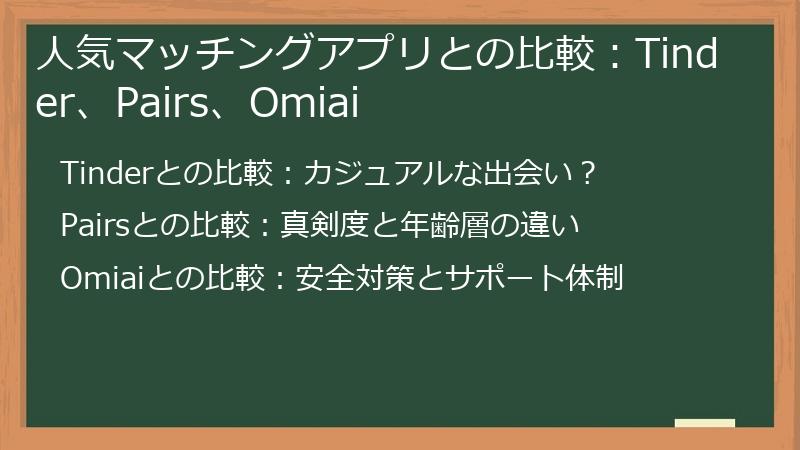 人気マッチングアプリとの比較：Tinder、Pairs、Omiai