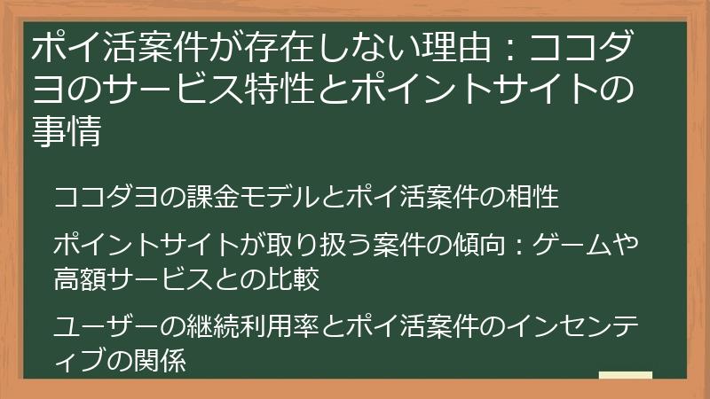 ポイ活案件が存在しない理由：ココダヨのサービス特性とポイントサイトの事情