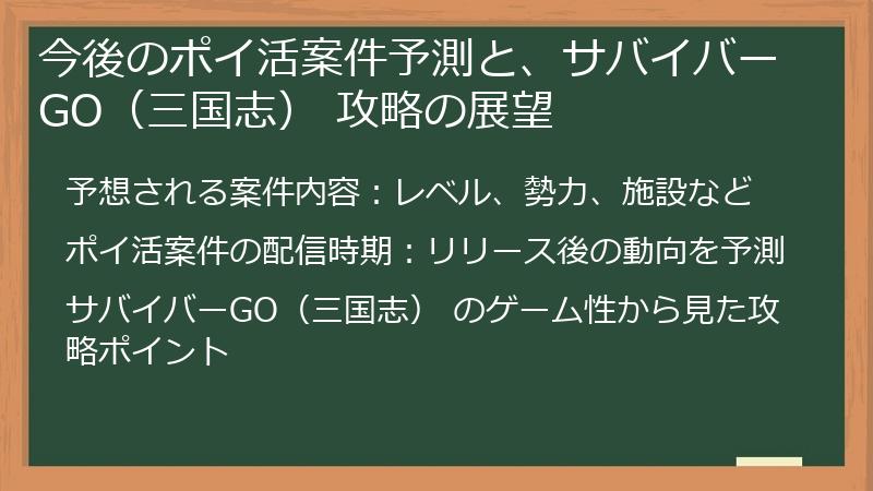 今後のポイ活案件予測と、サバイバーGO（三国志） 攻略の展望