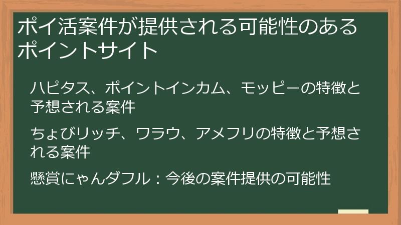 ポイ活案件が提供される可能性のあるポイントサイト