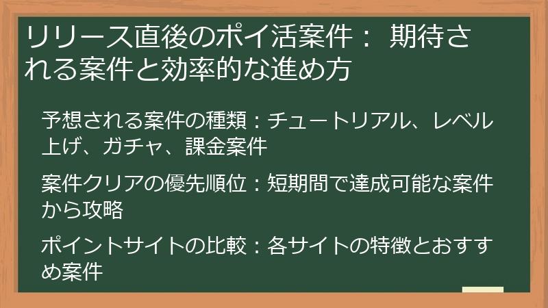 リリース直後のポイ活案件： 期待される案件と効率的な進め方