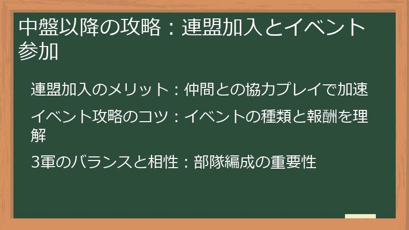 中盤以降の攻略：連盟加入とイベント参加