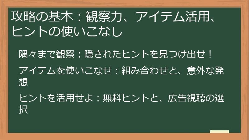 攻略の基本：観察力、アイテム活用、ヒントの使いこなし