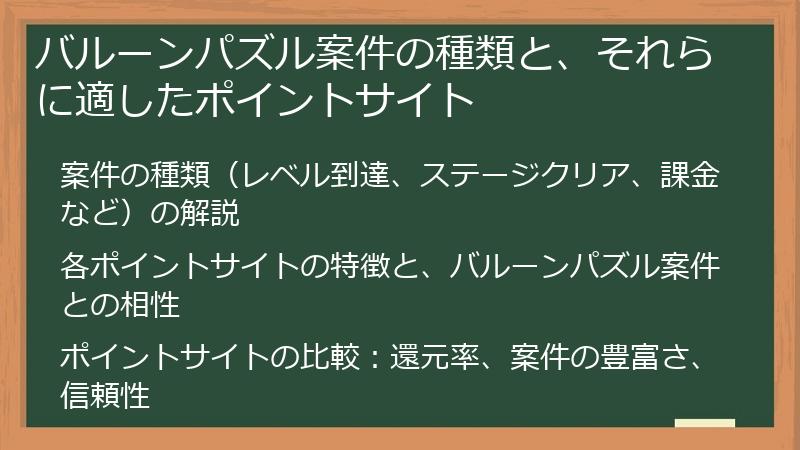 バルーンパズル案件の種類と、それらに適したポイントサイト