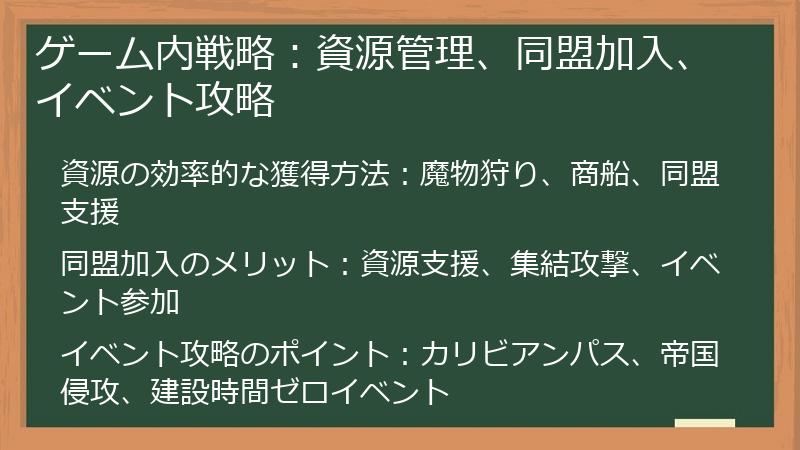 ゲーム内戦略：資源管理、同盟加入、イベント攻略