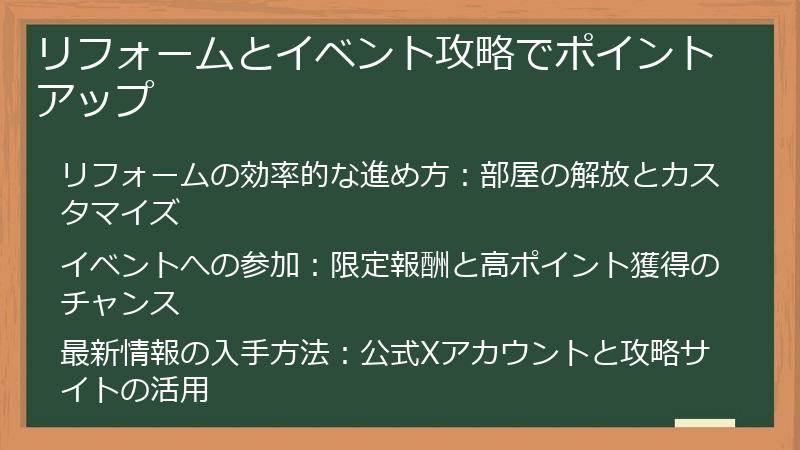 リフォームとイベント攻略でポイントアップ