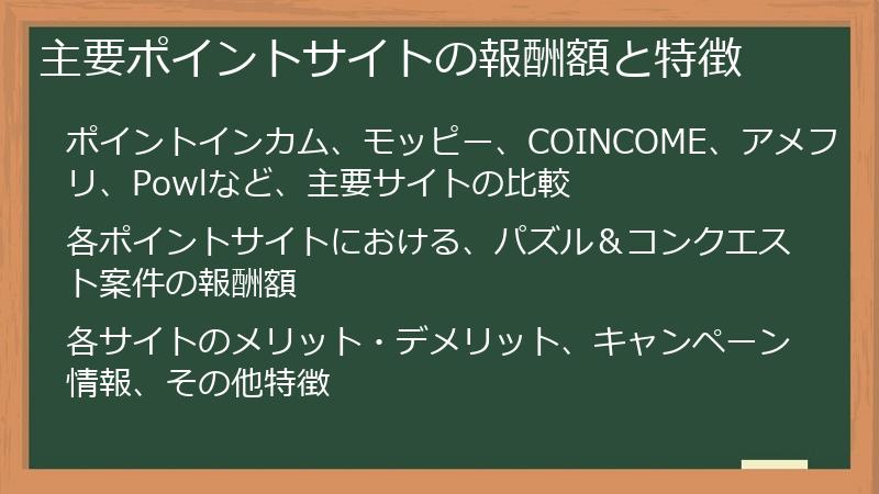 主要ポイントサイトの報酬額と特徴