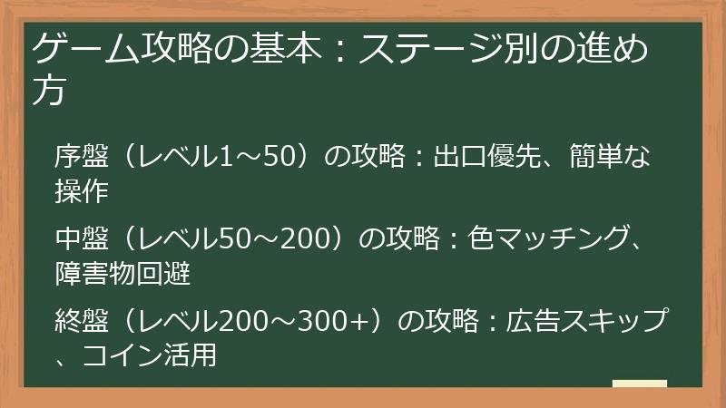 ゲーム攻略の基本：ステージ別の進め方
