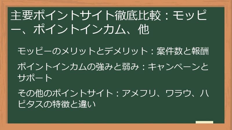 主要ポイントサイト徹底比較：モッピー、ポイントインカム、他