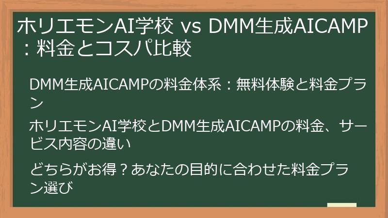 ホリエモンAI学校 vs DMM生成AICAMP:料金とコスパ比較