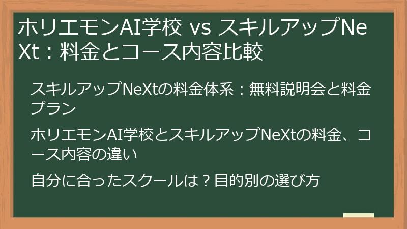 ホリエモンAI学校 vs スキルアップNeXt:料金とコース内容比較