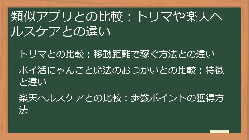 類似アプリとの比較：トリマや楽天ヘルスケアとの違い