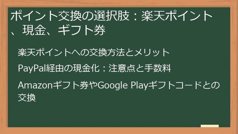 ポイント交換の選択肢：楽天ポイント、現金、ギフト券