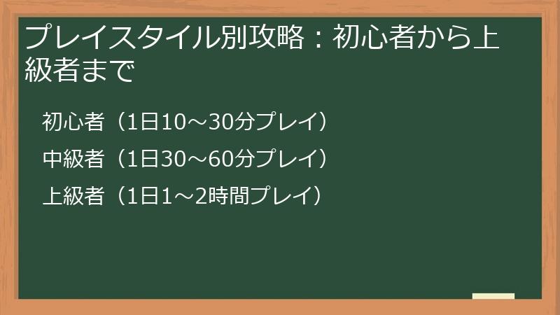 プレイスタイル別攻略：初心者から上級者まで