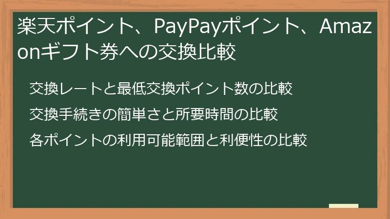 楽天ポイント、PayPayポイント、Amazonギフト券への交換比較