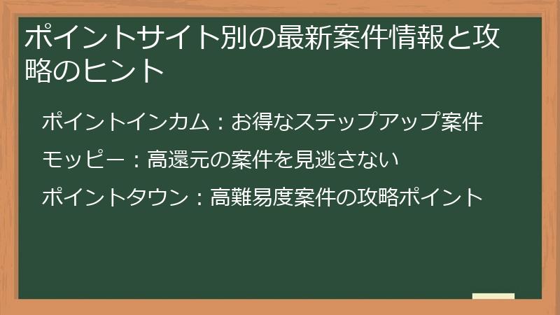 ポイントサイト別の最新案件情報と攻略のヒント