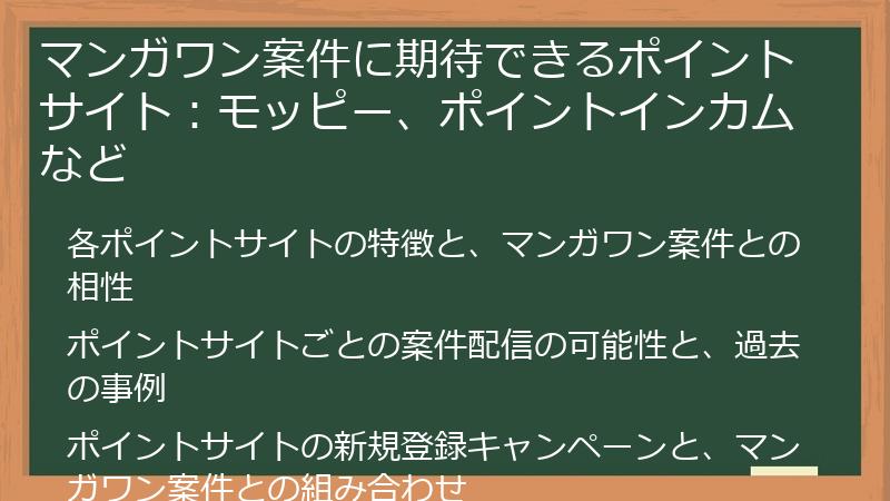 マンガワン案件に期待できるポイントサイト：モッピー、ポイントインカムなど