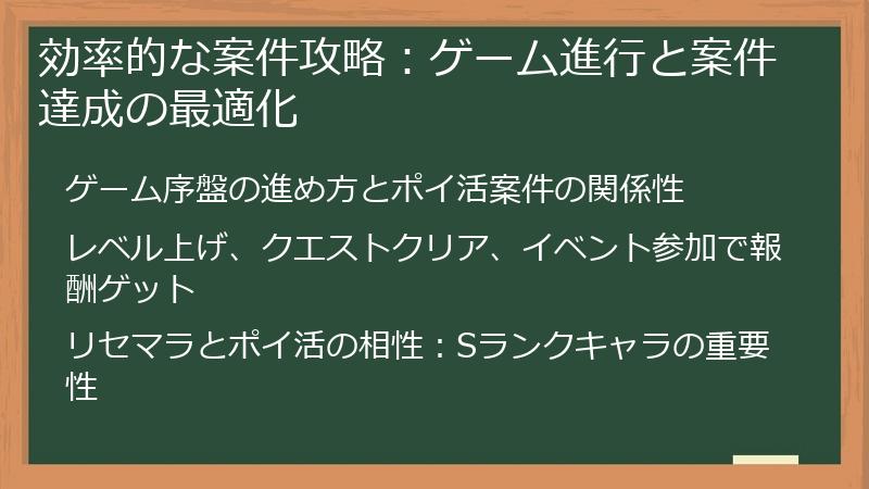 効率的な案件攻略：ゲーム進行と案件達成の最適化