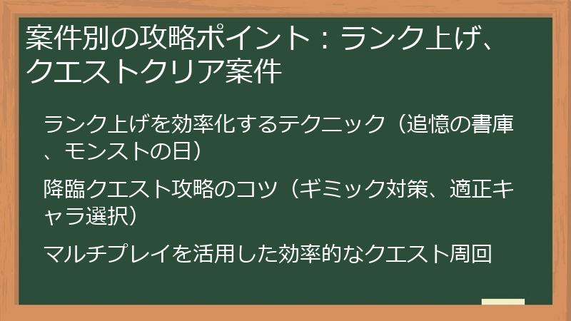 案件別の攻略ポイント：ランク上げ、クエストクリア案件