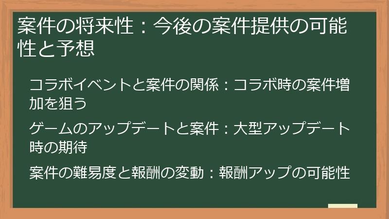 案件の将来性：今後の案件提供の可能性と予想