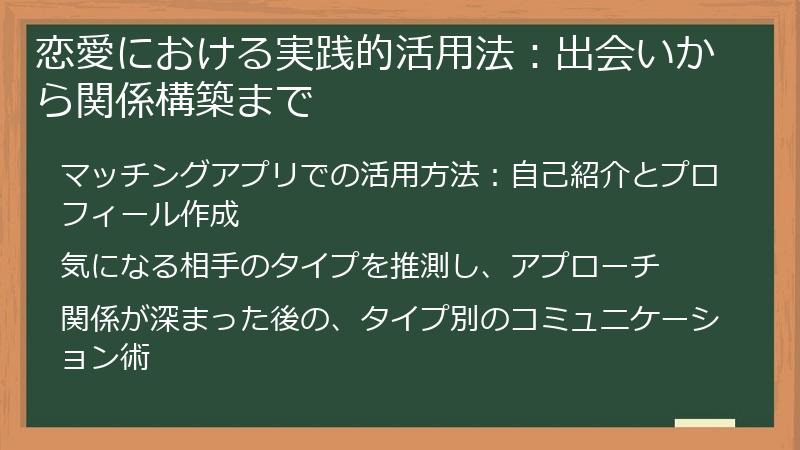 恋愛における実践的活用法：出会いから関係構築まで