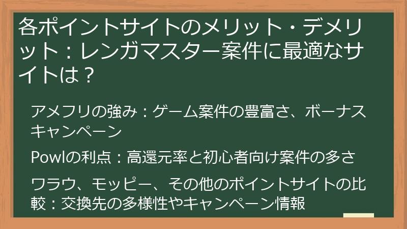 各ポイントサイトのメリット・デメリット：レンガマスター案件に最適なサイトは？