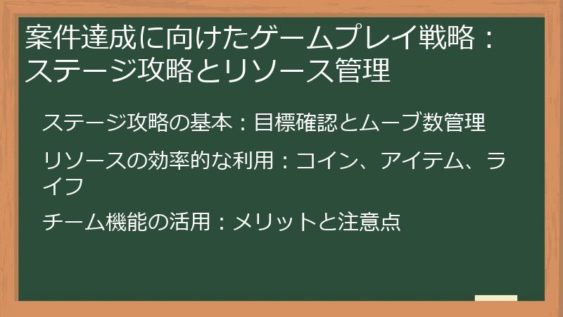 案件達成に向けたゲームプレイ戦略：ステージ攻略とリソース管理