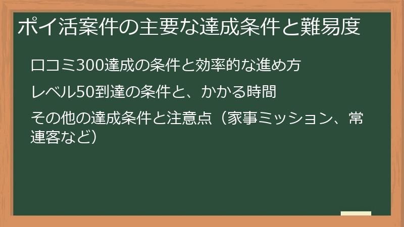 ポイ活案件の主要な達成条件と難易度