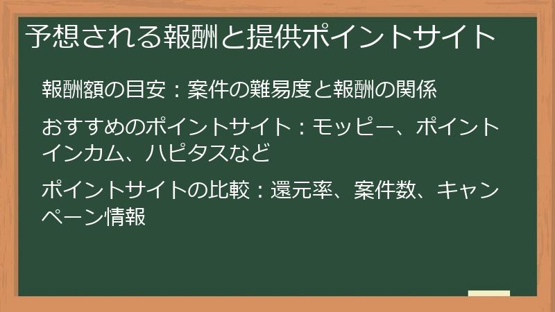 予想される報酬と提供ポイントサイト