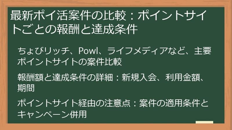 最新ポイ活案件の比較：ポイントサイトごとの報酬と達成条件