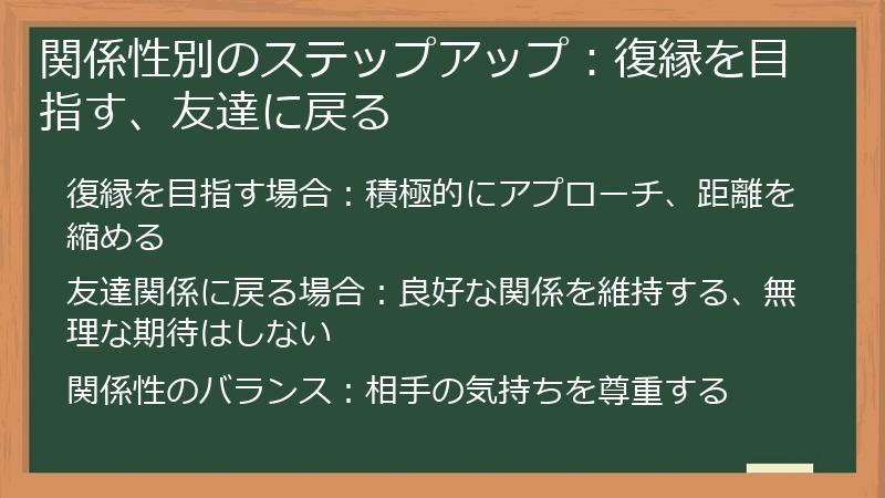 関係性別のステップアップ：復縁を目指す、友達に戻る
