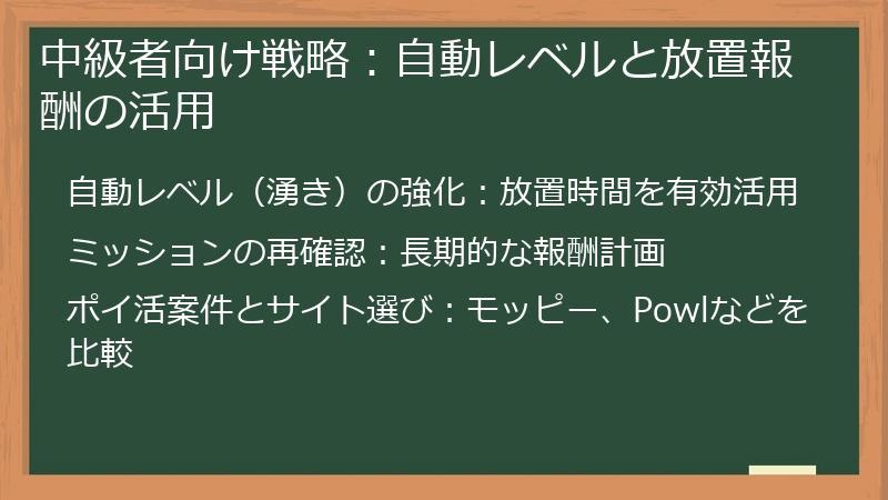 中級者向け戦略：自動レベルと放置報酬の活用