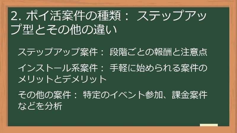 2. ポイ活案件の種類： ステップアップ型とその他の違い