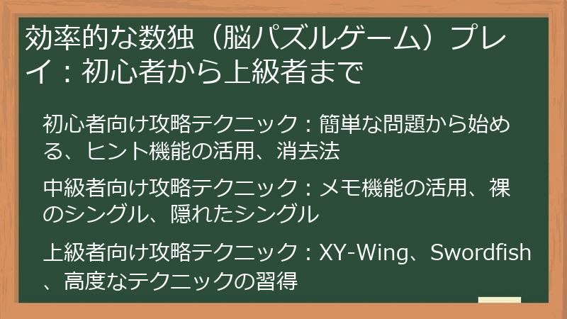 効率的な数独（脳パズルゲーム）プレイ：初心者から上級者まで
