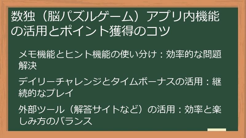 数独（脳パズルゲーム）アプリ内機能の活用とポイント獲得のコツ