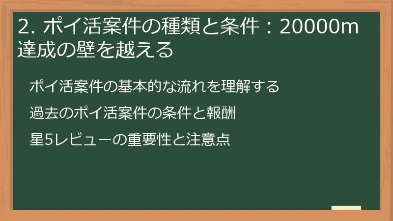 2. ポイ活案件の種類と条件：20000m達成の壁を越える
