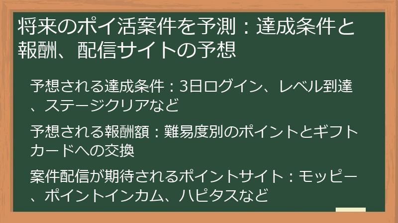 将来のポイ活案件を予測：達成条件と報酬、配信サイトの予想