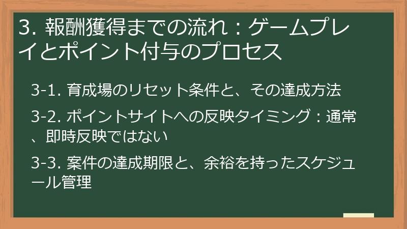 3. 報酬獲得までの流れ：ゲームプレイとポイント付与のプロセス