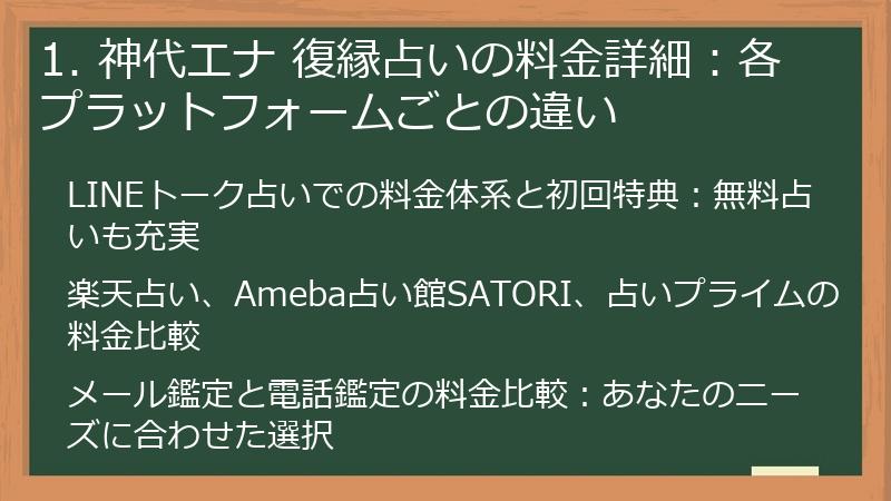 1. 神代エナ 復縁占いの料金詳細：各プラットフォームごとの違い