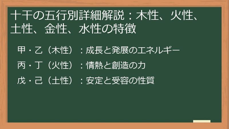十干の五行別詳細解説：木性、火性、土性、金性、水性の特徴