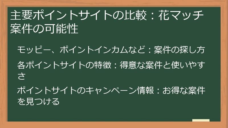 主要ポイントサイトの比較：花マッチ案件の可能性